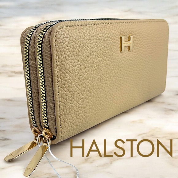 H by Halston Handbags - HALSTON Double Zip-around Wallet Beige Pebbled Gold Logo NWT $58